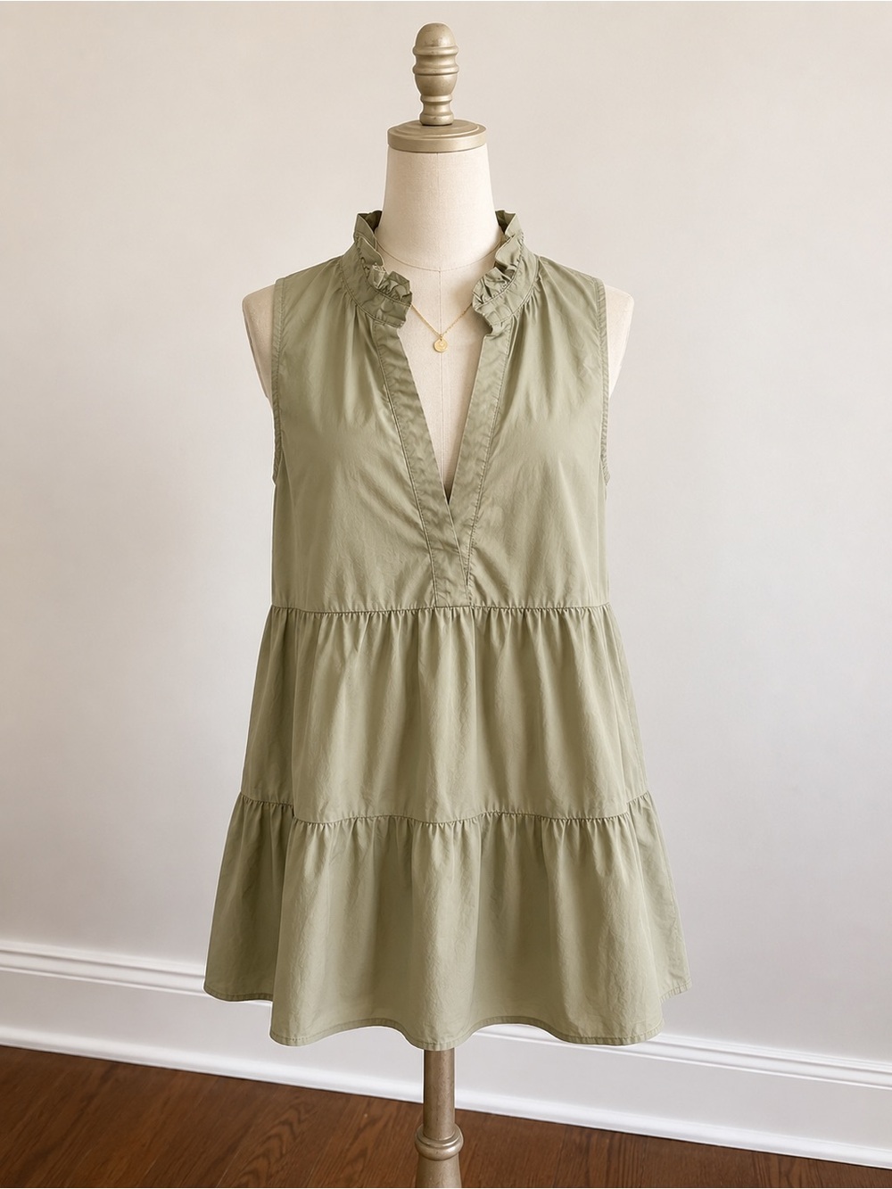 Sleeveless Ruffle V-Neck Tiered Mini Dress - Sage